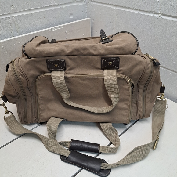 Vintage Eddie Bauer Ford Duffle Bag 22” Tan Canvas / Leather w/ Shoulder Strap - Picture 1 of 14